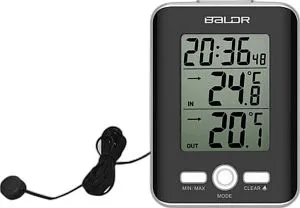 Термометр цифровой BALDR E0129ST2C с часами и проводным датчиком, черный, изображение 1